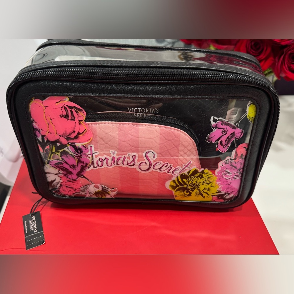 Victoria's Secret Pink and Black Floral Cosmetic Bag Set 3 bags